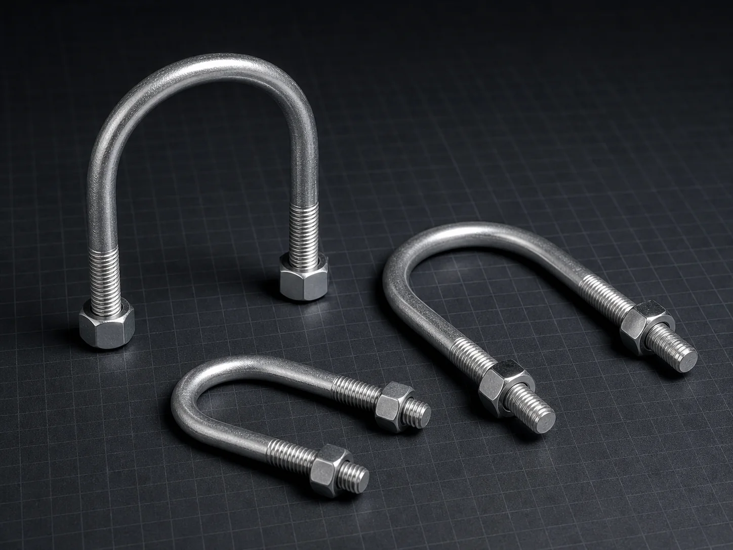 Three galvanised U-bolt clamps in different sizes with their nuts