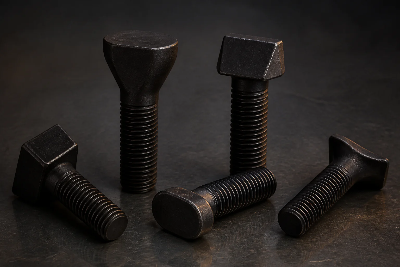 Collection of black bolts with square, trapezoidal, oval and special head profiles