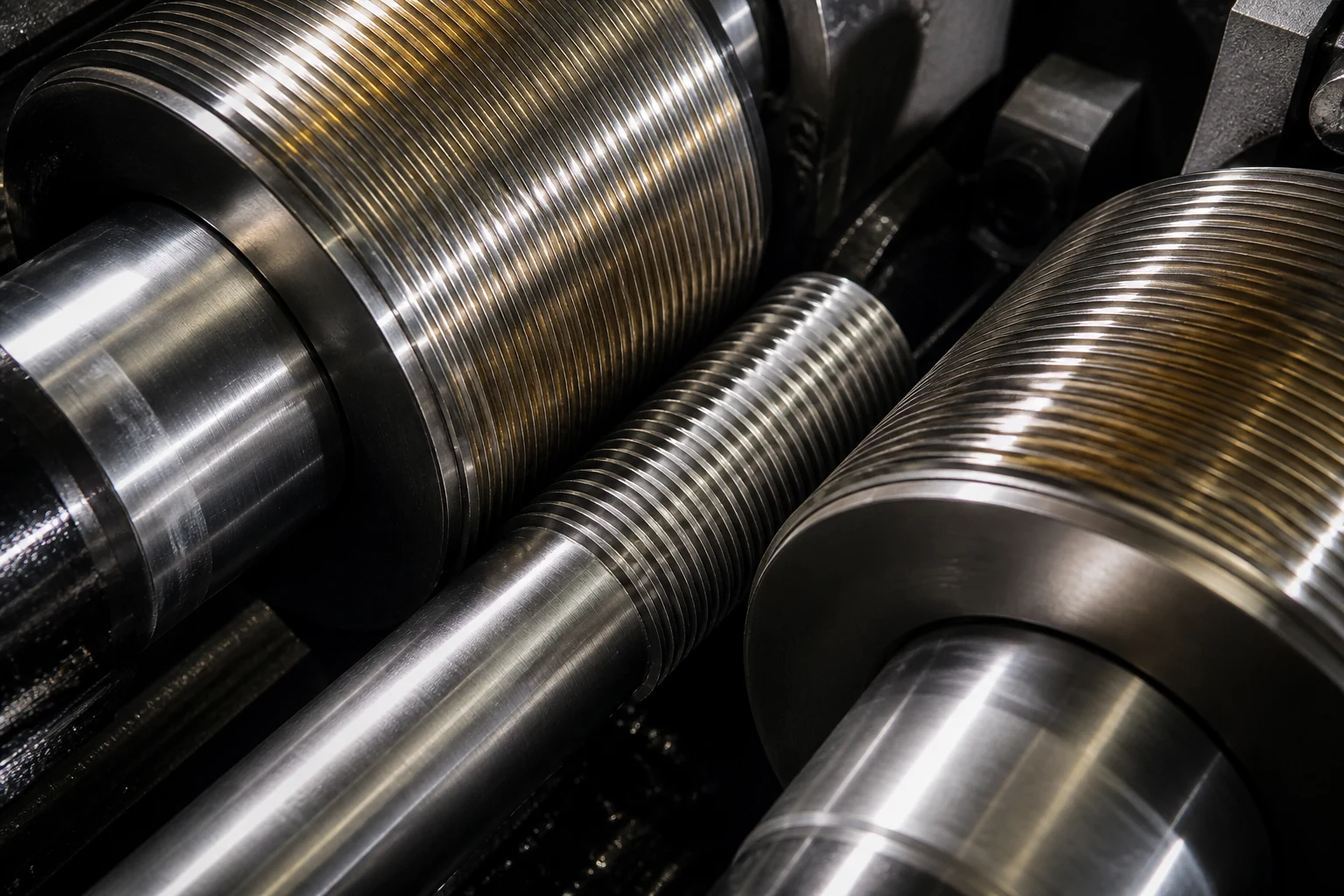 Industrial thread rolling of a bolt between precision dies
