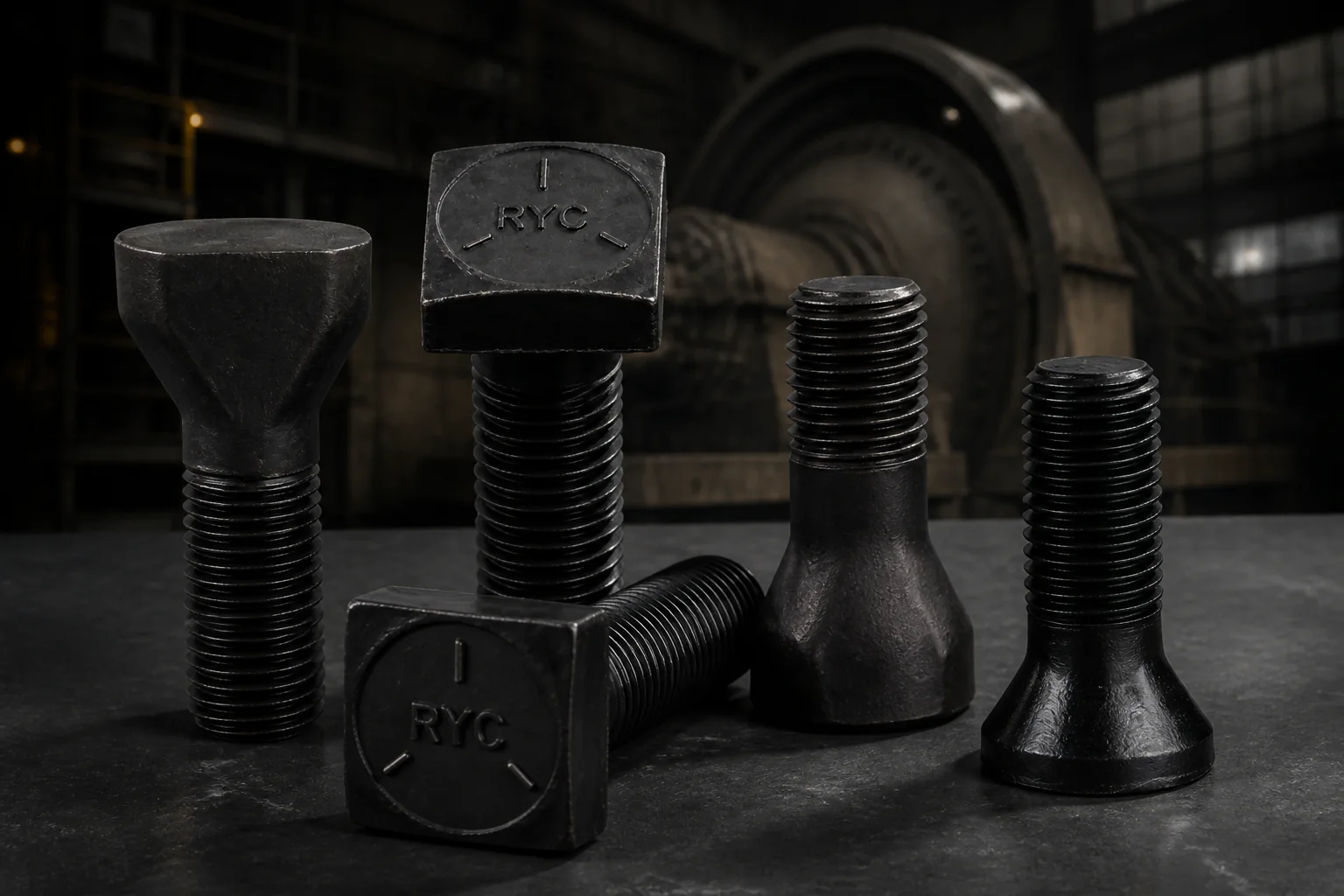 Family of black RYC mill liner bolts with square heads and special profiles