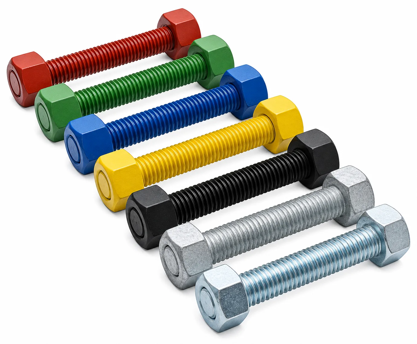 Bolts with red, green, blue, yellow, black, galvanized and zinc-plated coatings